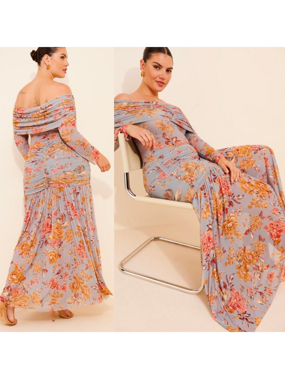 AFRM Emmeline Off The Shoulder Maxi Dress 1X Ruching Stretch Elegant Regal